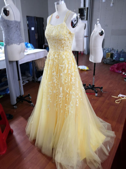 Hot Yellow Tulle Lace Long Prom Dress - Party Evening Gown