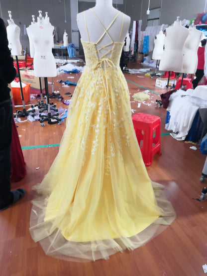 Hot Yellow Tulle Lace Long Prom Dress - Party Evening Gown