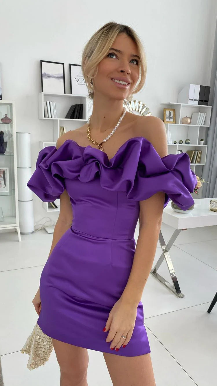 Purple Off the Shoulder Bodycon Homecoming Dresses Satin Maxi Cocktail Dress, AST1175