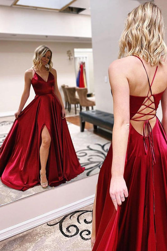 Red A-Line Slit Prom Dress V-neck Graduation Dresses,AST959