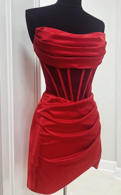 Red Homecoming Dress, Strapless Mini Hoco Dresses, AST1044