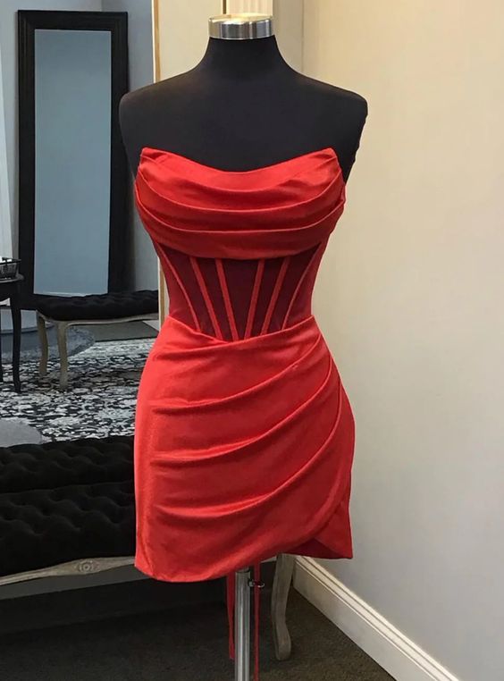 Red Homecoming Dress, Strapless Mini Hoco Dresses, AST1044