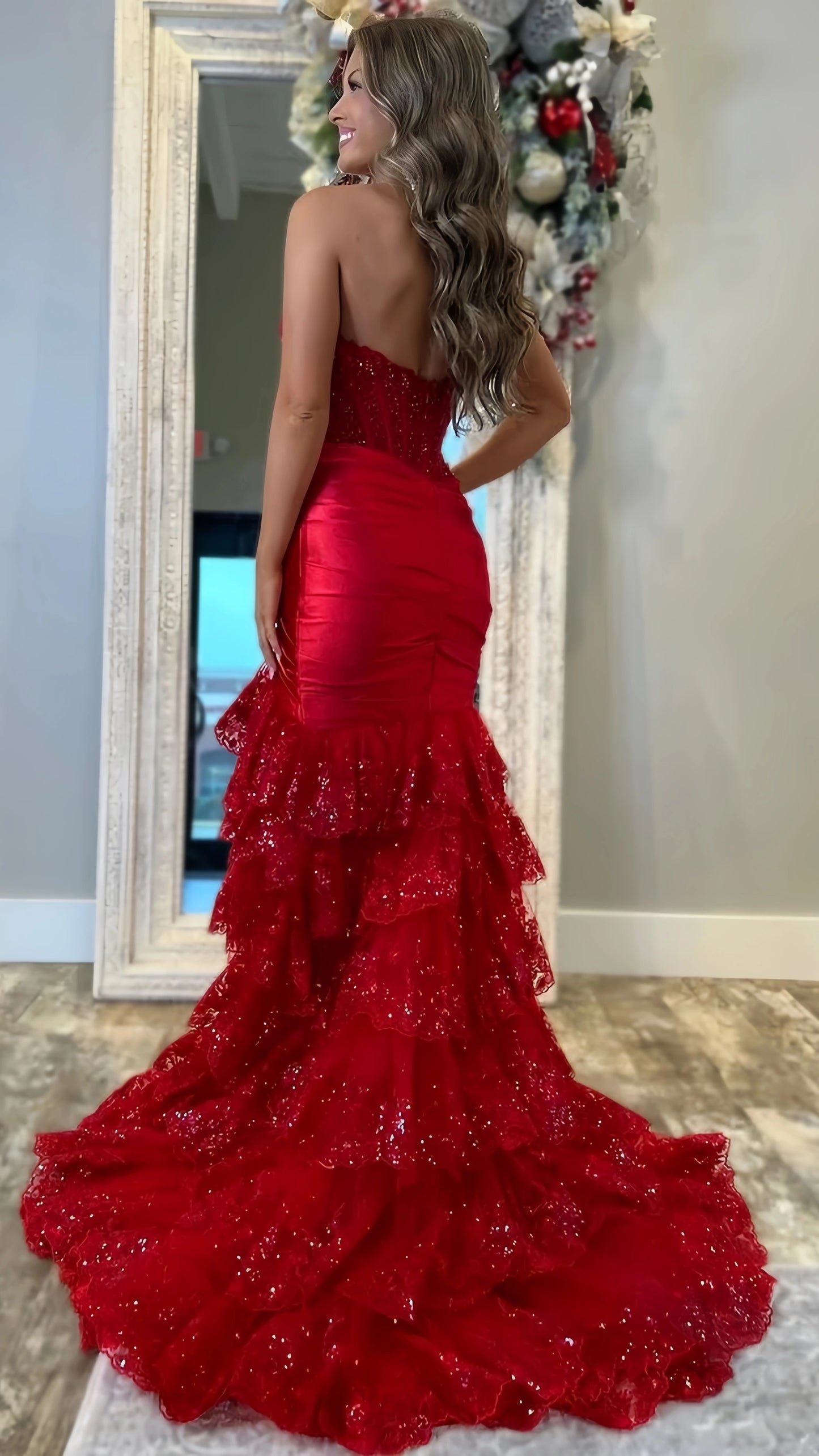 Red Mermaid Appliques Lace Prom Dresses Strapless Evening Party Dress,AST2216