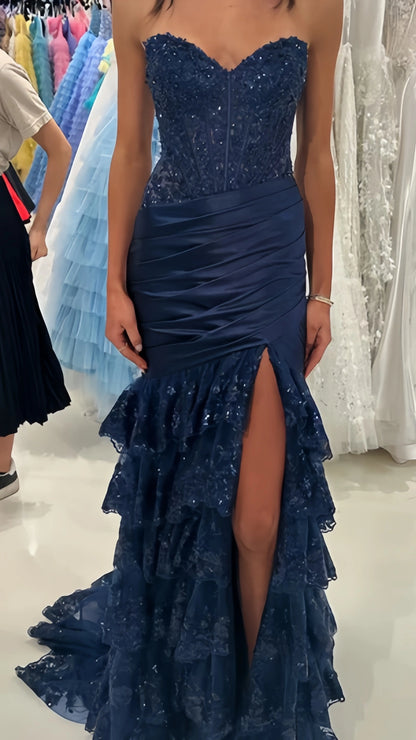 Red Mermaid Appliques Lace Prom Dresses Strapless Evening Party Dress,AST2216