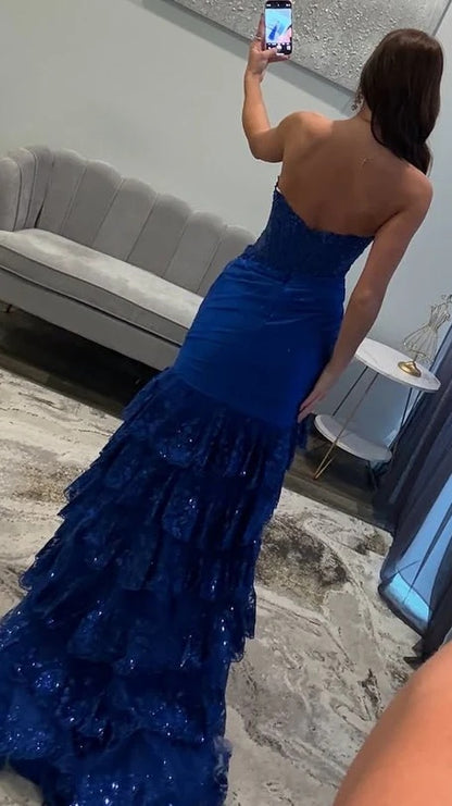 Red Mermaid Appliques Lace Prom Dresses Strapless Evening Party Dress,AST2216