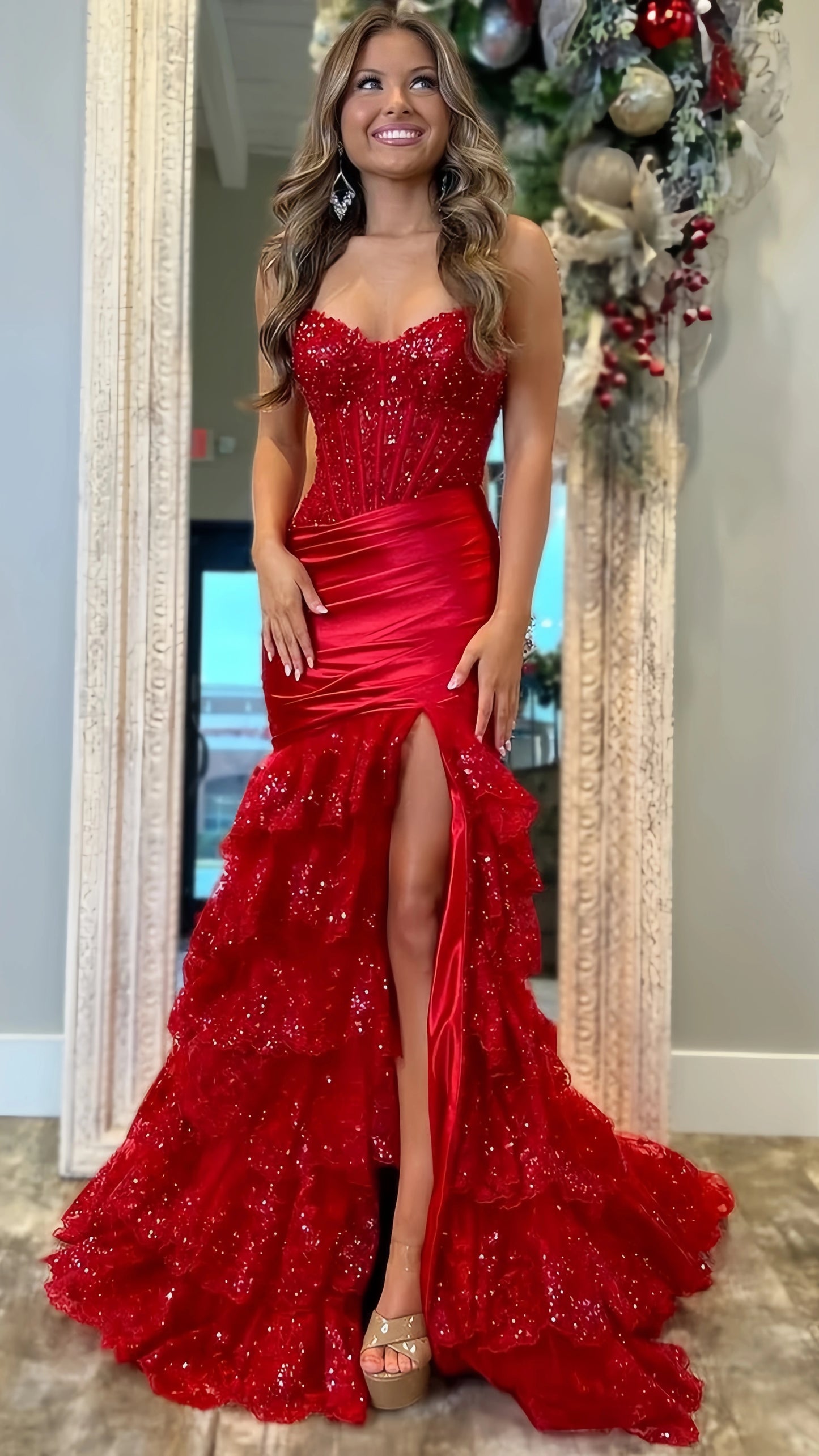 Red Mermaid Appliques Lace Prom Dresses Strapless Evening Party Dress,AST2216
