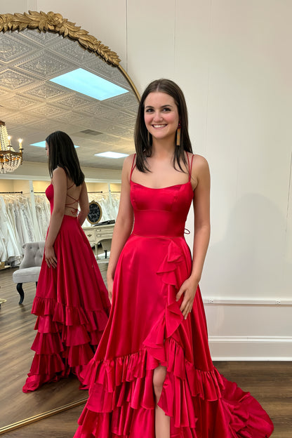 Red Prom Dresses, Ruffles Evening Dress, Spaghetti Straps Party Dresses, AST1490