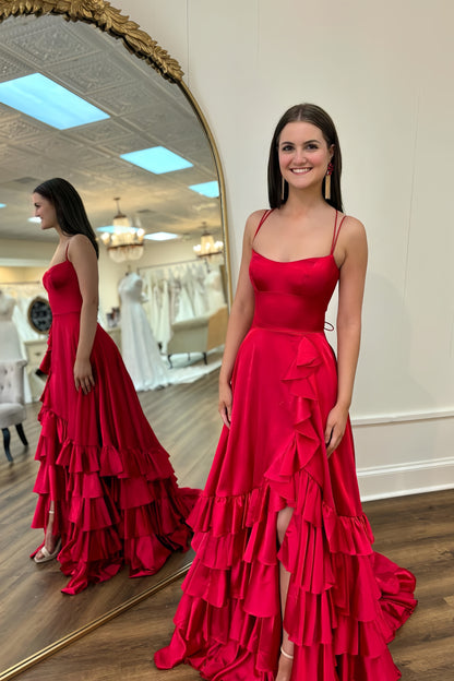 Red Prom Dresses, Ruffles Evening Dress, Spaghetti Straps Party Dresses, AST1490