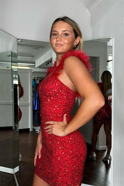 Red Sequin Feather Homecoming Dresses Tight Celebrity Dress, AST1340