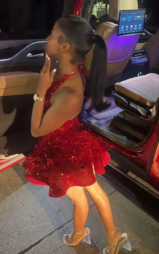 Short Red Homecoming Dresses Sequin Tiered Sexy Prom Dress, AST1187