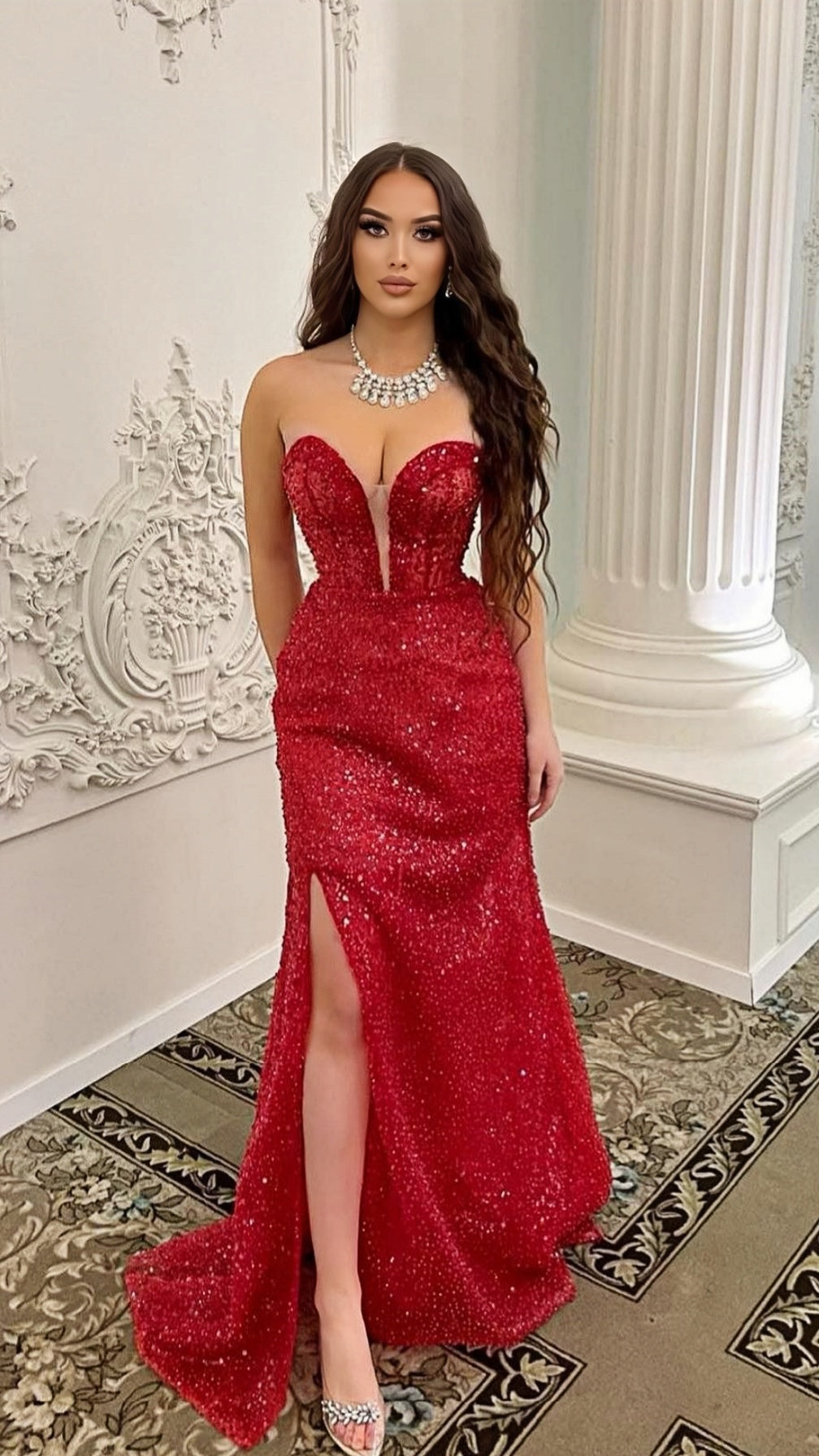 Red Sequins Split Long Evening Prom Dresses, AST1574