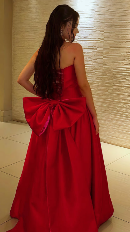 Red Strapless A-Line Prom Dress, Bowknot Senior Prom Dress, AST1744