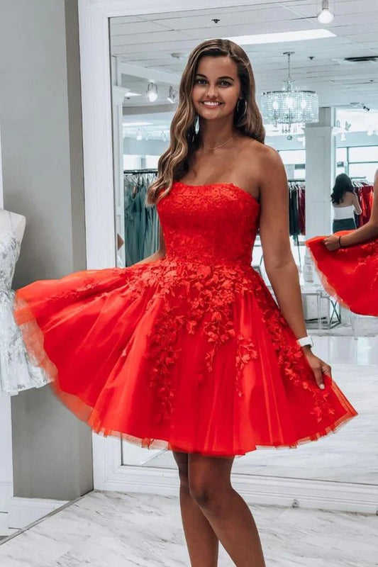 Red Strapless Appliques Homecoming Dresses, AST1337