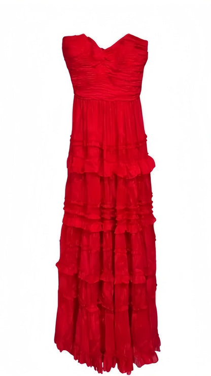 Red Strapless Long Prom Dresses Ruffle Evening Party Dress,AST2257