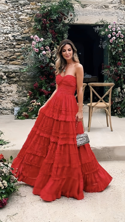 Red Strapless Long Prom Dresses Ruffle Evening Party Dress,AST2257