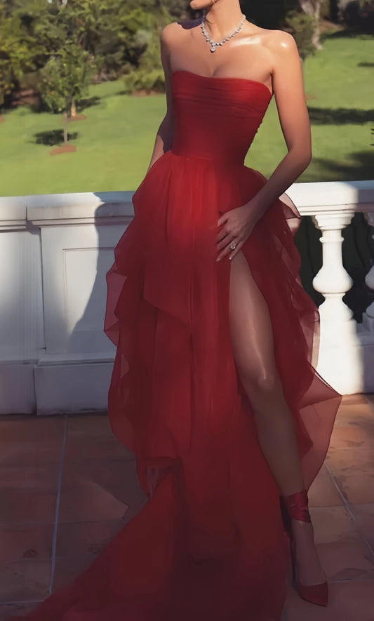 Red Strapless Tulle Party Formal Gown, Ruffle Prom Evening Dress, AST1527