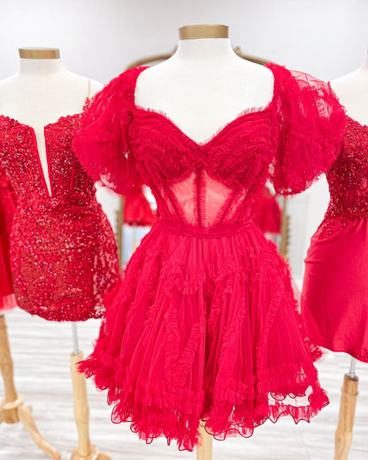 Red Tulle Lace Homecoming Dress, AST1393