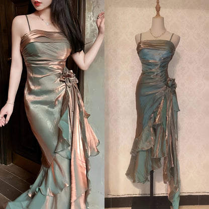 Retro Bodycon Spaghetti Straps Satin Long Party Dress Prom Dresses,AST2132