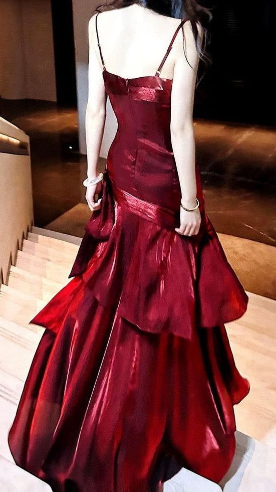 Retro Spaghetti Straps Burgundy Ruffle Prom Dresses Sparkle Night Formal Dress,AST2286