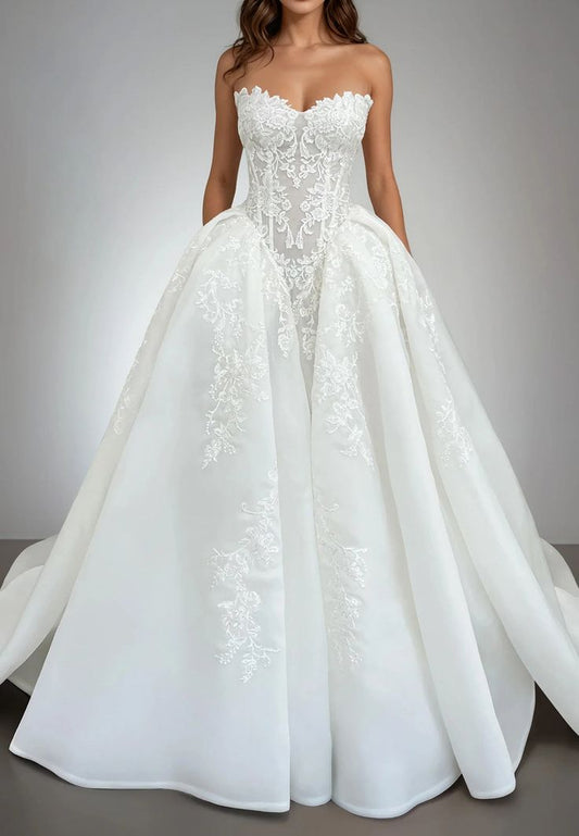 Romantic White Applique Wedding Gown Lace Bridal Dress,AST2095