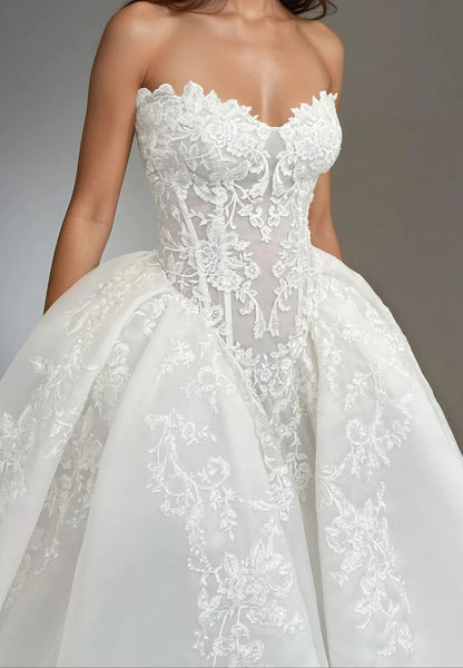Romantic White Applique Wedding Gown Lace Bridal Dress,AST2095