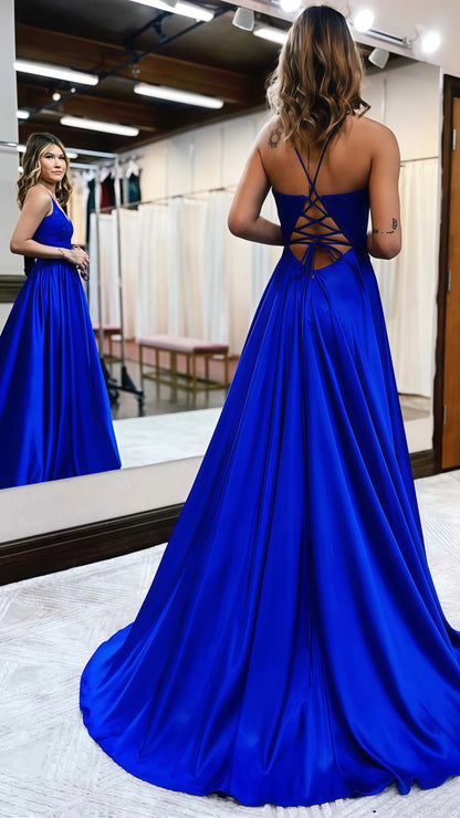 Royal Blue A-Line Prom Dresses, V-neck Evening Celebrity Dress,AST1633