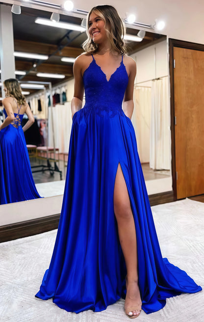 Royal Blue A-Line Prom Dresses, V-neck Evening Celebrity Dress,AST1633