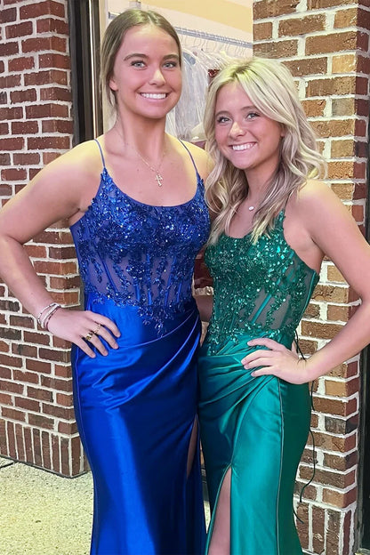 Royal Blue/Dark Green Mermaid Appliques Beaded Prom Dresses Sexy Slit Evening Party Dress,AST2217