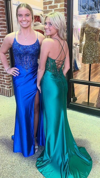 Royal Blue/Dark Green Mermaid Appliques Beaded Prom Dresses Sexy Slit Evening Party Dress,AST2217