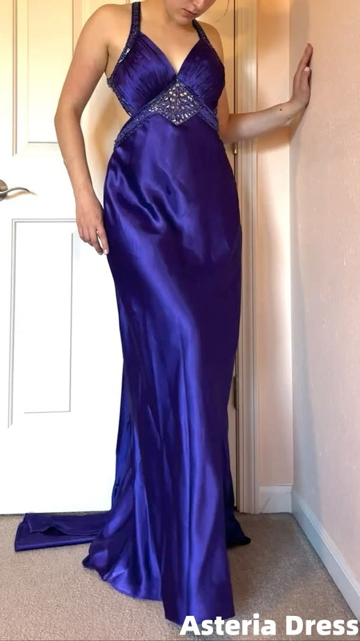 Royal Blue Halter Beaded Satin Long Party Dresses