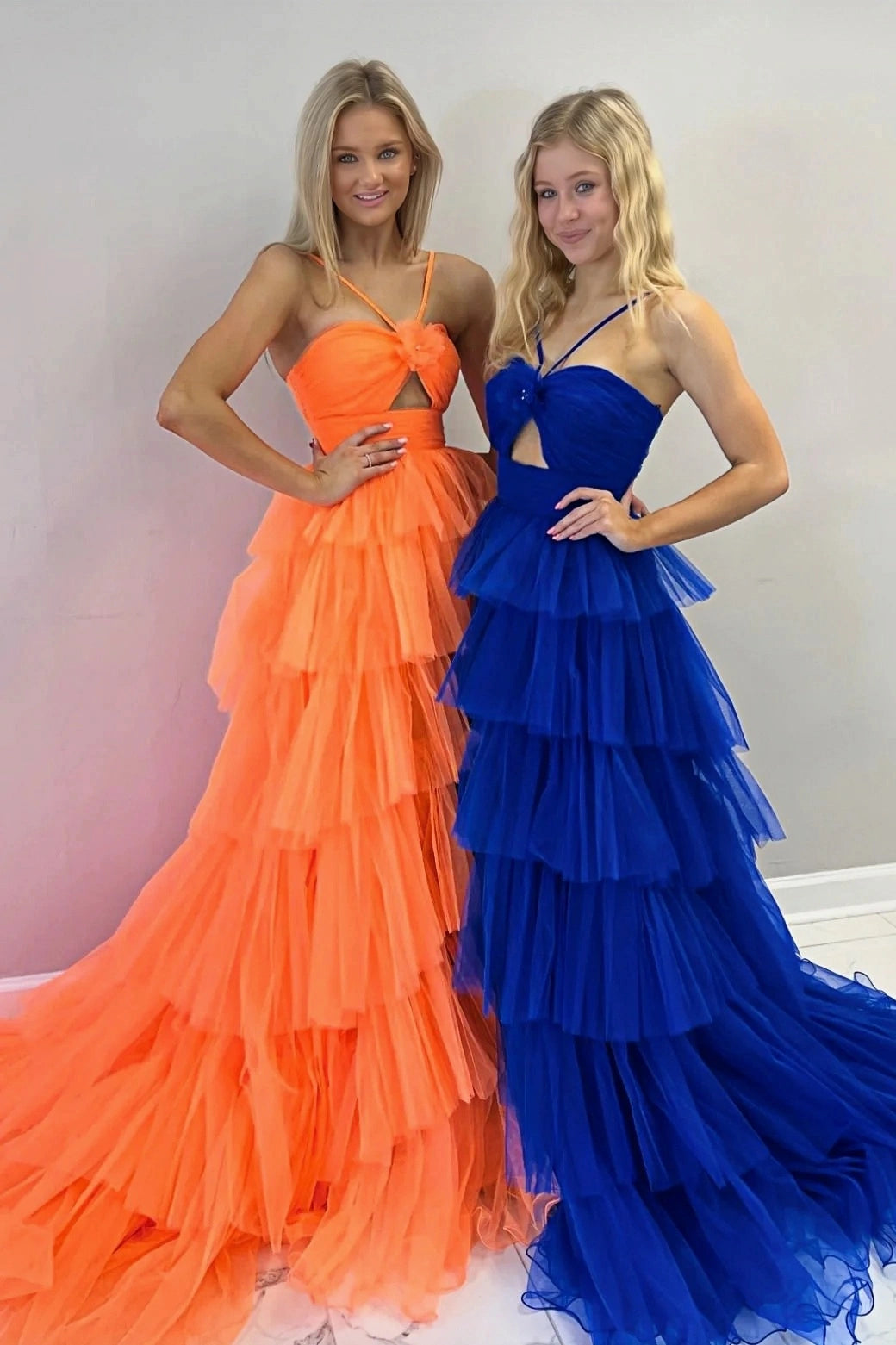 Royal Blue Halter Ruffle Long Evening Prom Dress, AST1562