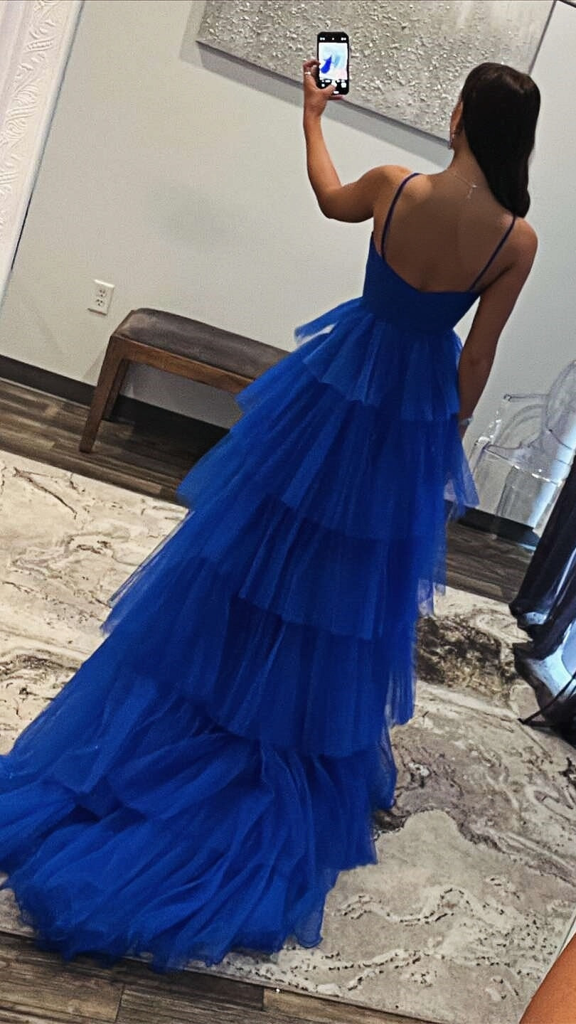 Royal Blue Halter Ruffle Long Evening Prom Dress, AST1562