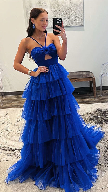 Royal Blue Halter Ruffle Long Evening Prom Dress, AST1562