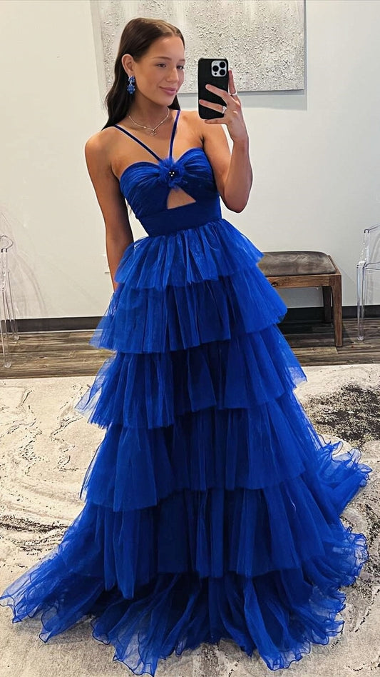 Royal Blue Halter Ruffle Long Evening Prom Dress, AST1562