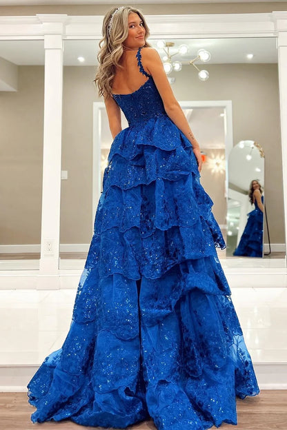 Royal Blue Lace Ruffles Long Prom Dress Split Evening Gown,AST1020