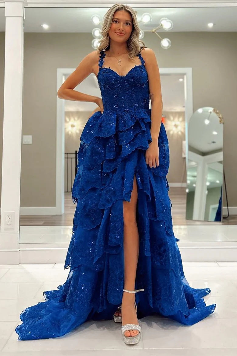 Royal Blue Lace Ruffles Long Prom Dress Split Evening Gown,AST1020