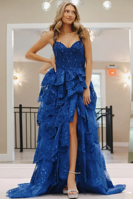 Royal Blue Lace Ruffles Long Prom Dress Split Evening Gown,AST1020