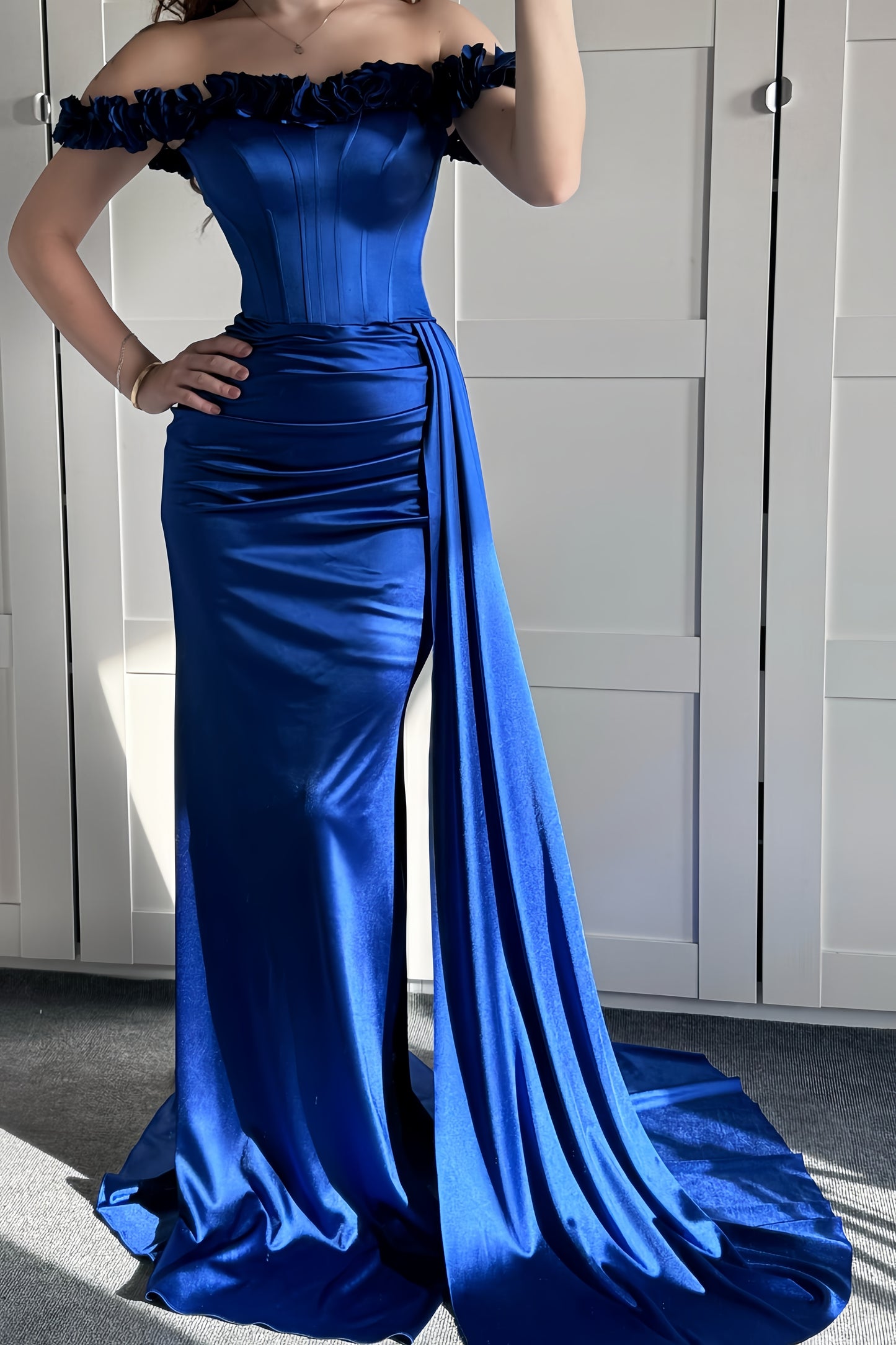 Royal Blue Mermaid Prom Dresses Off The Shoulder Evening Formal Gown, AST1495