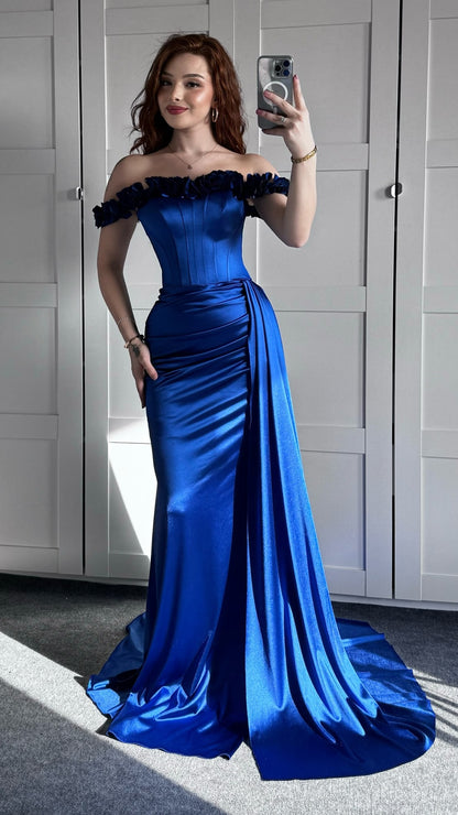 Royal Blue Mermaid Prom Dresses Off The Shoulder Evening Formal Gown, AST1495