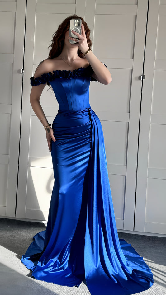 Royal Blue Mermaid Prom Dresses Off The Shoulder Evening Formal Gown, AST1495