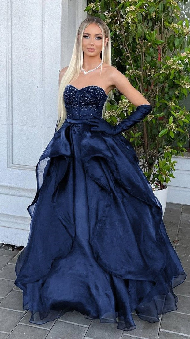 Royal Blue Prom Dresses Organza Sweetheart Evening Dress Beaded Ruffle Dresses,AST2200