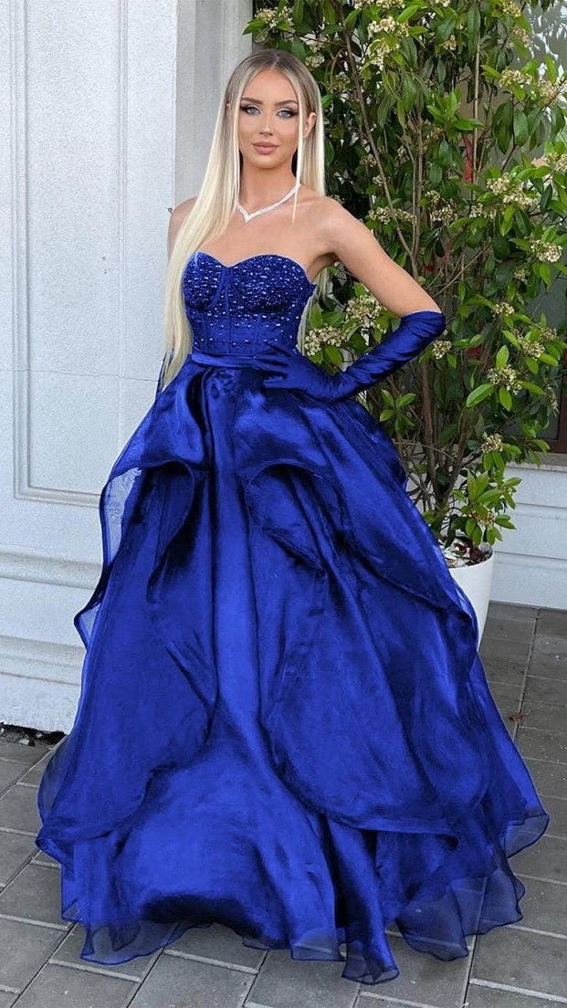 Royal Blue Prom Dresses Organza Sweetheart Evening Dress Beaded Ruffle Dresses,AST2200