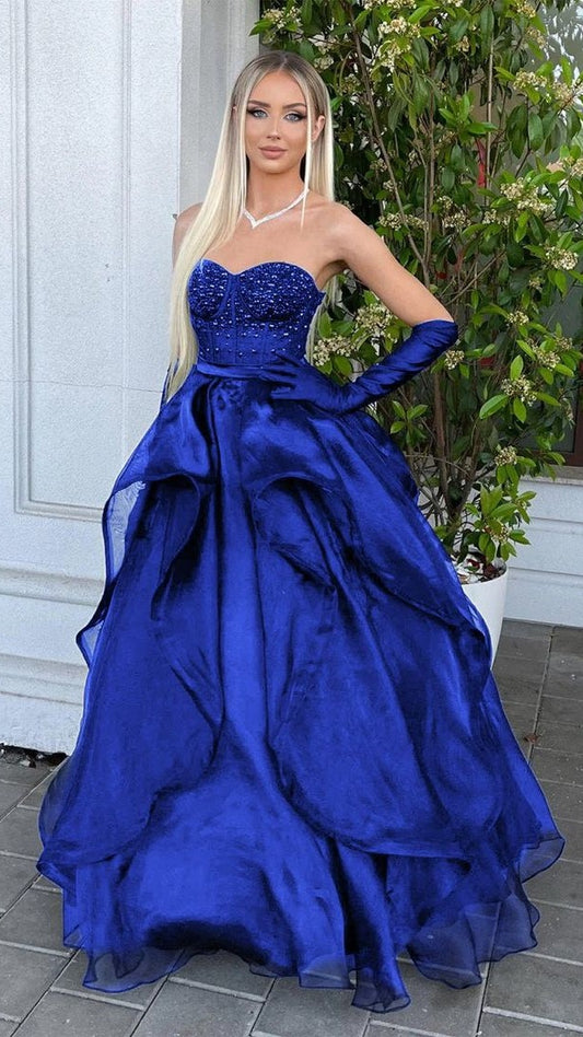 Royal Blue Prom Dresses Organza Sweetheart Evening Dress Beaded Ruffle Dresses,AST2200