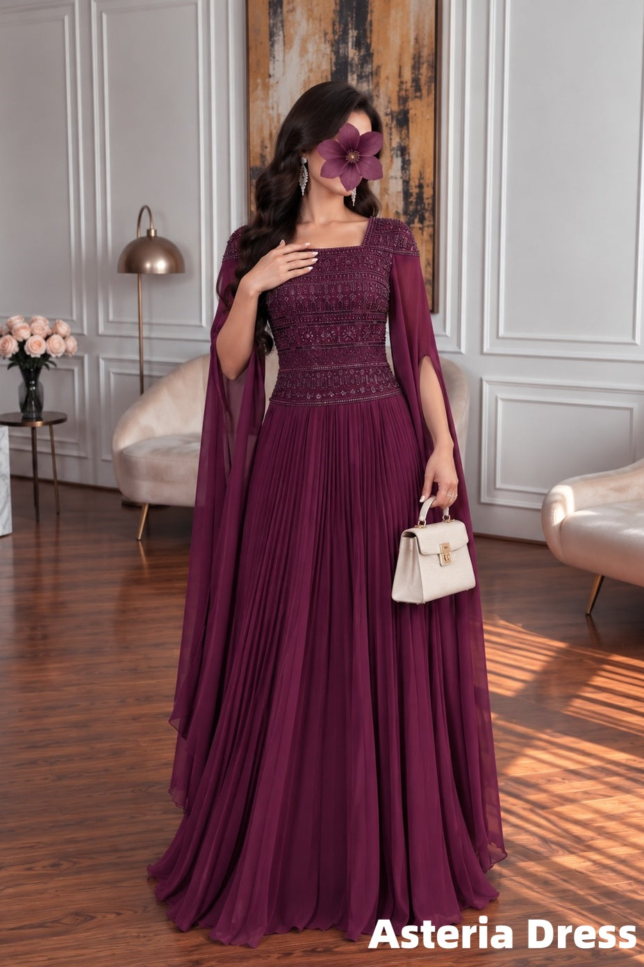 Royal Sequin Purple Chiffon Long Sleeves Prom Dresses