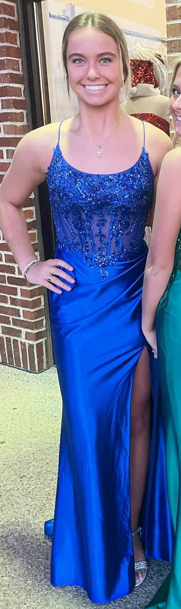 Royal Blue/Dark Green Mermaid Appliques Beaded Prom Dresses Sexy Slit Evening Party Dress,AST2217