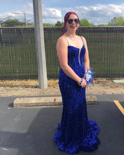 Royal Blue Sequin Straps Mermaid Long Prom Dress