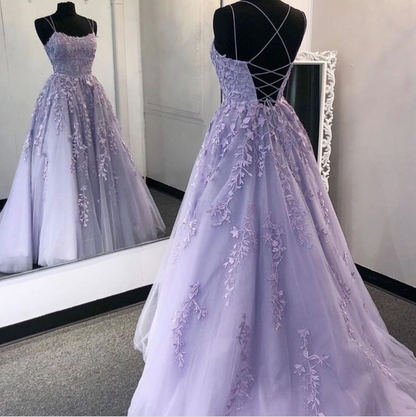 Purple tulle lace long formals