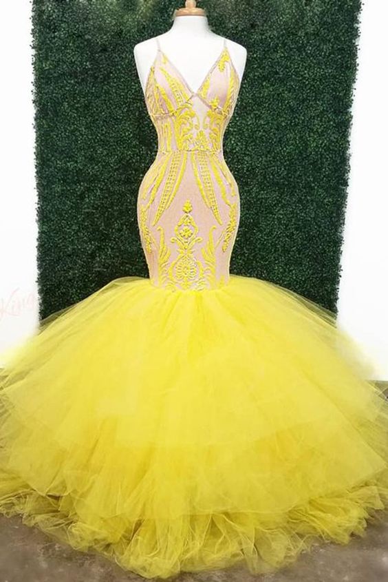 Yellowes With V Neck Lace Appliques Mermaid Evening Gowns Train Tulle Formals