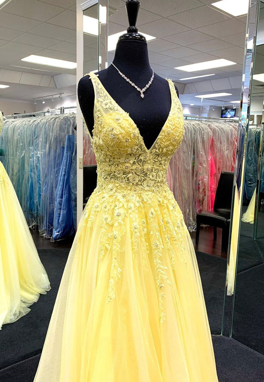 Yellow v neck tulle lace evenings