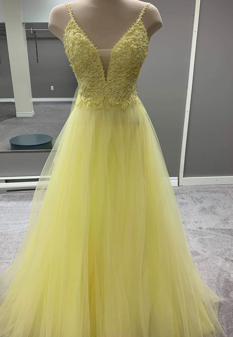 Yellow Tulle Lace Prom Dress V-Neck - Long Evening Gown